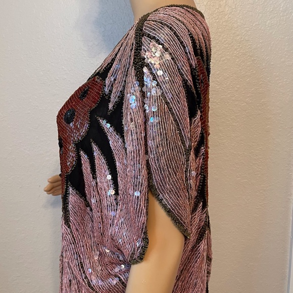 80’s Joan Crawford glamorous vintage handmade sequin beaded butterfly v-n tunic! - Picture 7 of 13